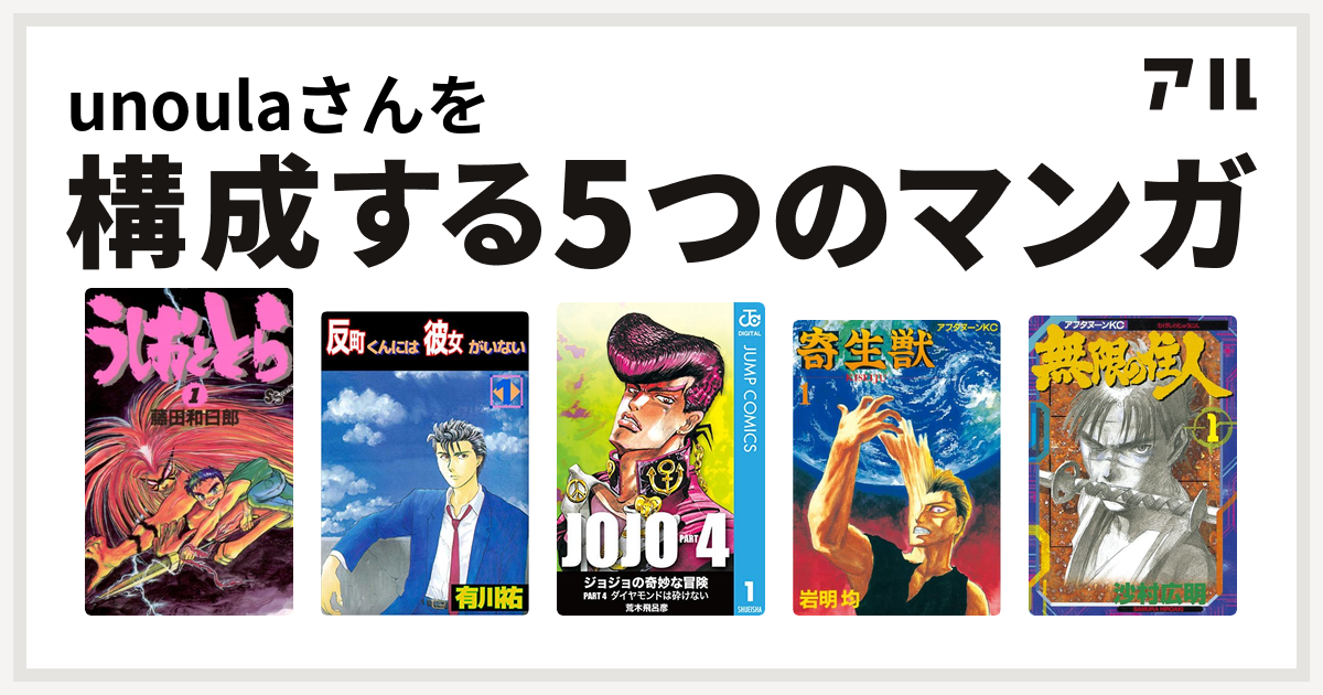 Unoulaさんを構成するマンガはうしおととら 反町くんには彼女がいない ジョジョの奇妙な冒険 第4部 寄生獣 無限の住人 私を構成する5つのマンガ アル