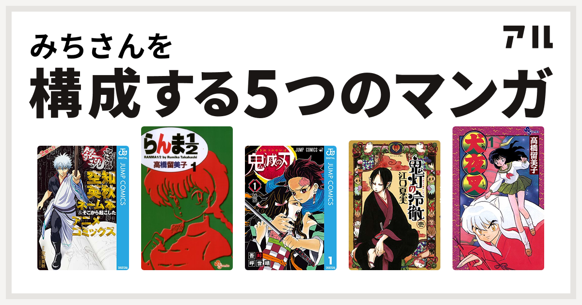 みちさんを構成するマンガは銀魂 アニメコミックス 銀魂 完結篇 万事屋よ永遠なれ 空知英秋ネーム本 そこから起こしたアニメコミックス らんま1 2 鬼滅の刃 鬼灯の冷徹 犬夜叉 私を構成する5つのマンガ アル