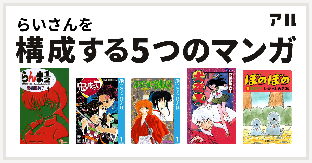 らいさんを構成するマンガはらんま1 2 鬼滅の刃 るろうに剣心 明治剣客浪漫譚 犬夜叉 ぼのぼの 私を構成する5つのマンガ アル