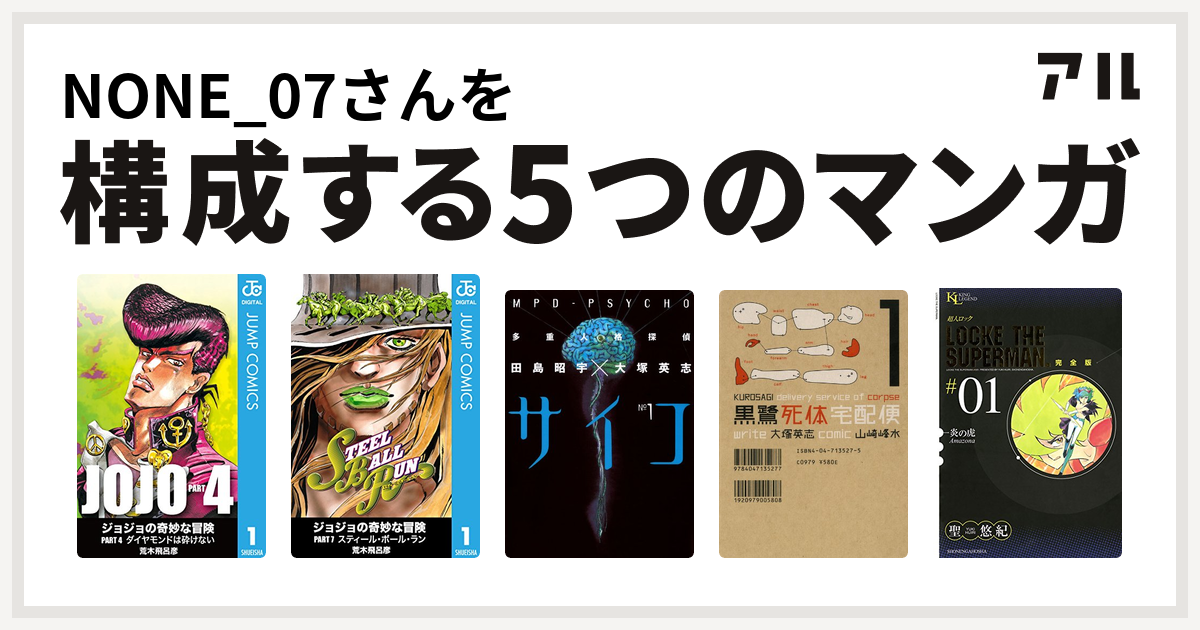 None 07さんを構成するマンガはジョジョの奇妙な冒険 第4部 ジョジョの奇妙な冒険 第7部 多重人格探偵サイコ 黒鷺死体宅配便 超人ロック 私を構成する5つのマンガ アル