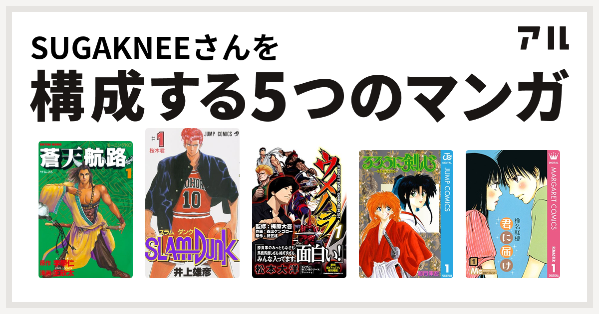 Sugakneeさんを構成するマンガは蒼天航路 Slam Dunk スラムダンク ウメハラ Fighting Gamers るろうに剣心 明治剣客浪漫譚 君に届け 私を構成する5つのマンガ アル