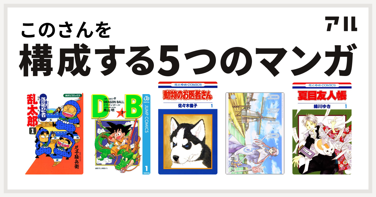 このさんを構成するマンガは落第忍者乱太郎 ドラゴンボール 動物のお医者さん Aria 夏目友人帳 私を構成する5つのマンガ アル