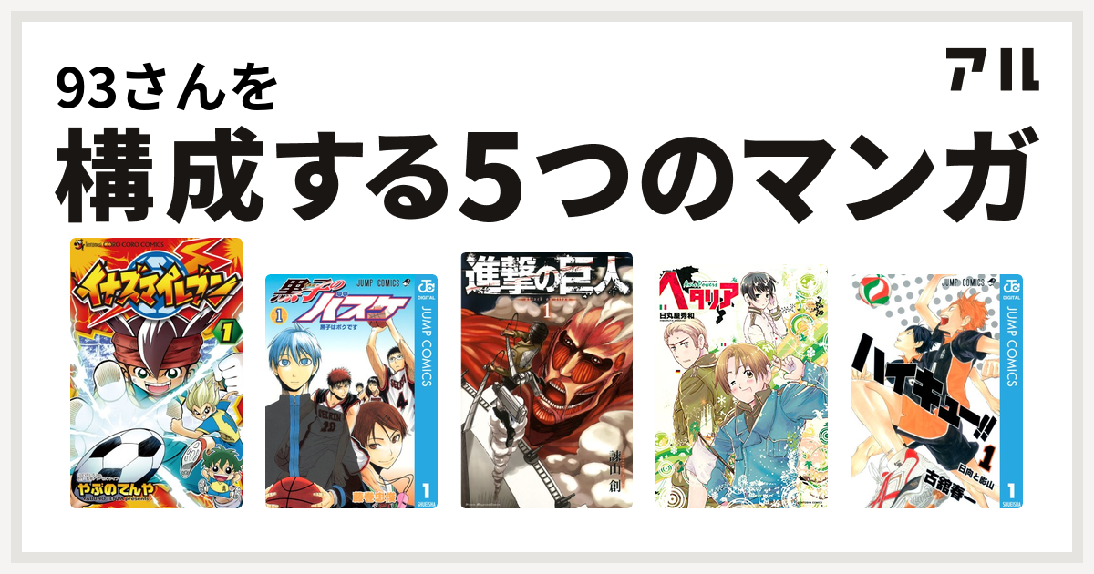 93さんを構成するマンガはイナズマイレブン 黒子のバスケ 進撃の巨人 ヘタリア Axis Powers ハイキュー 私を構成する5つのマンガ アル