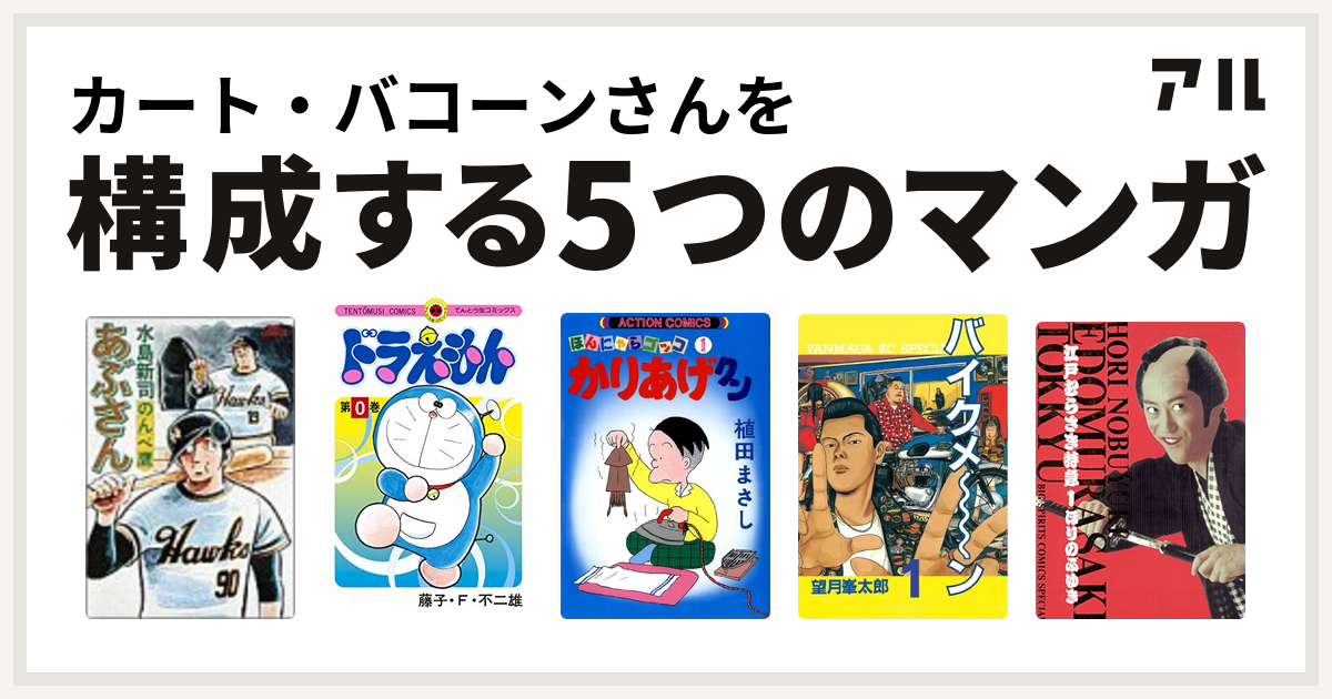 カート バコーンさんを構成するマンガはあぶさん ドラえもん かりあげクン バイクメ ン 江戸むらさき特急 私を構成する5つのマンガ アル