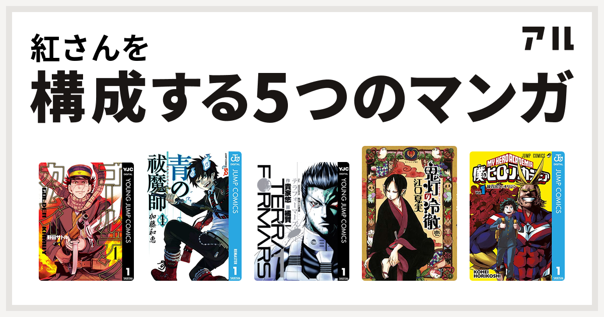 紅さんを構成するマンガはゴールデンカムイ 青の祓魔師 テラフォーマーズ 鬼灯の冷徹 僕のヒーローアカデミア 私を構成する5つのマンガ アル