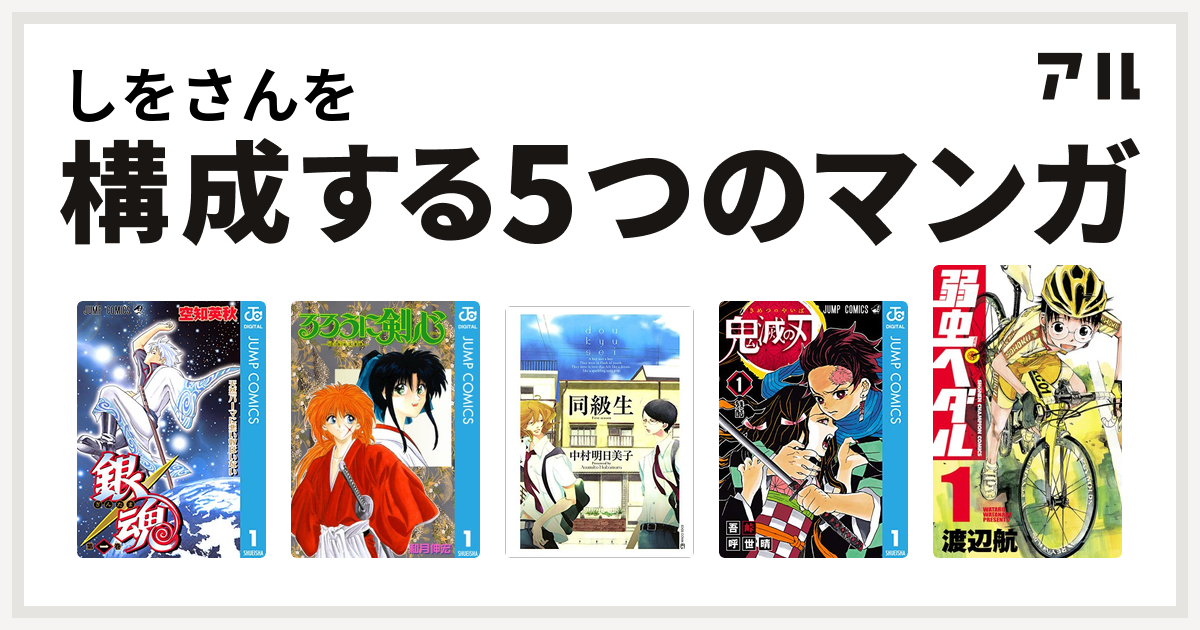 しをさんを構成するマンガは銀魂 るろうに剣心 明治剣客浪漫譚 同級生 鬼滅の刃 弱虫ペダル 私を構成する5つのマンガ アル