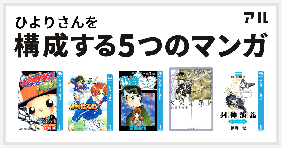 ひよりさんを構成するマンガは家庭教師ヒットマンREBORN!
ホイッスル!
幽遊白書
天使禁猟区
封神演義！