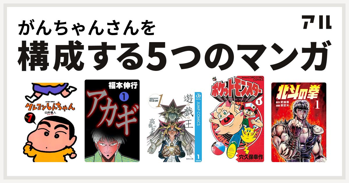 がんちゃんさんを構成するマンガはクレヨンしんちゃん アカギ 闇に降り立った天才 遊 戯 王 ポケットモンスター 北斗の拳 私を構成する5つのマンガ アル