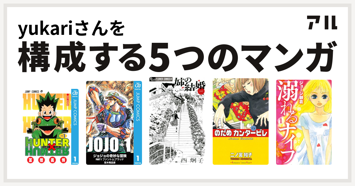 Yukariさんを構成するマンガはhunter Hunter ジョジョの奇妙な冒険 姉の結婚 のだめカンタービレ 溺れるナイフ 私を構成する5つのマンガ アル