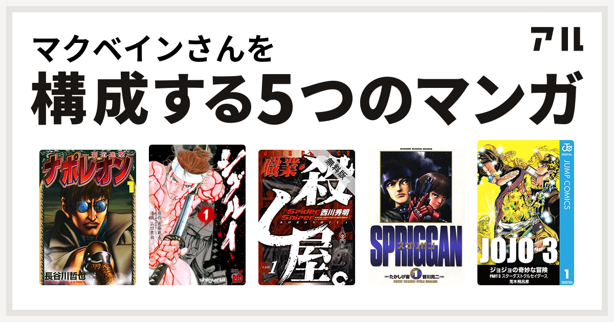 マクベインさんを構成するマンガはナポレオン 覇道進撃 シグルイ 職業 殺し屋 スプリガン 保存版 ジョジョの奇妙な冒険 第3部 私を構成する5つのマンガ アル
