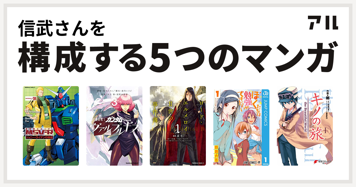 信武さんを構成するマンガは機動戦士ガンダムｍｓｖ ｒジョニー ライデンの帰還 機動戦士ガンダム ヴァルプルギス ロード エルメロイii世の事件簿 ぼくたちは勉強ができない キノの旅 私を構成する5つのマンガ アル