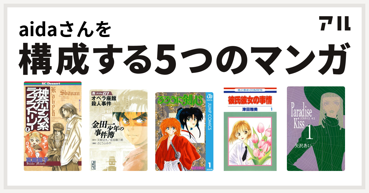 Aidaさんを構成するマンガは神奈川ナンパ系ラブストーリー 金田一少年の事件簿 るろうに剣心 明治剣客浪漫譚 彼氏彼女の事情 Paradise Kiss 私を構成する5つのマンガ アル