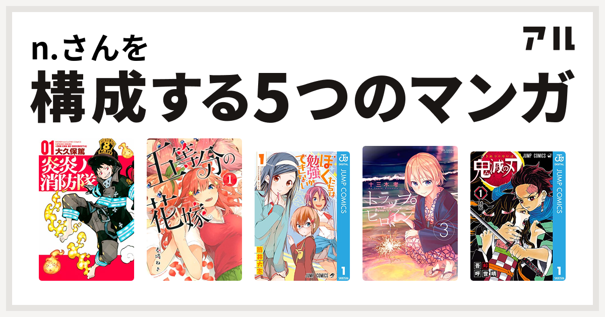 N さんを構成するマンガは炎炎ノ消防隊 五等分の花嫁 ぼくたちは勉強ができない トラップヒロイン 鬼滅の刃 私を構成する5つのマンガ アル