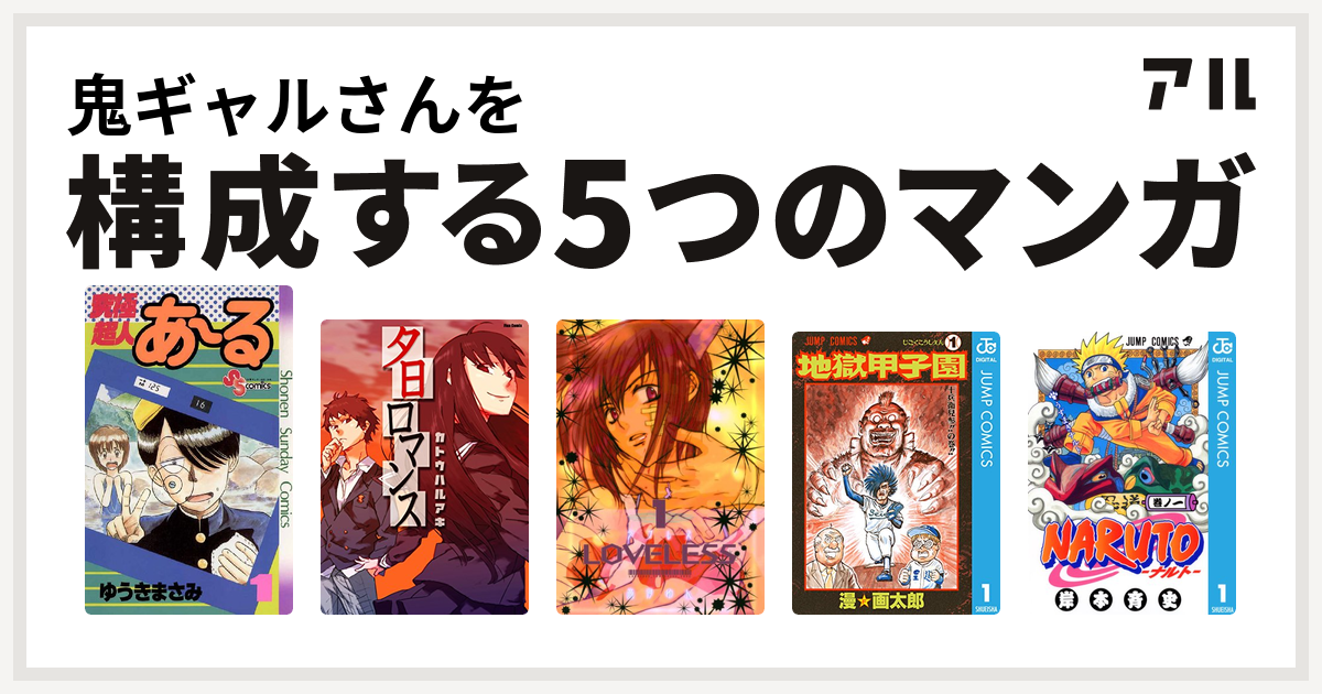 鬼ギャルさんを構成するマンガは究極超人あ る 夕日ロマンス Loveless 地獄甲子園 Naruto ナルト 私を構成する5つのマンガ アル