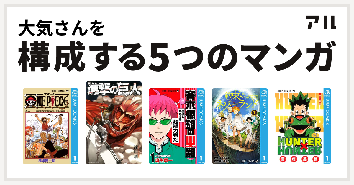 大気さんを構成するマンガはone Piece 進撃の巨人 斉木楠雄のps難 約束のネバーランド Hunter Hunter 私を構成する5つのマンガ アル