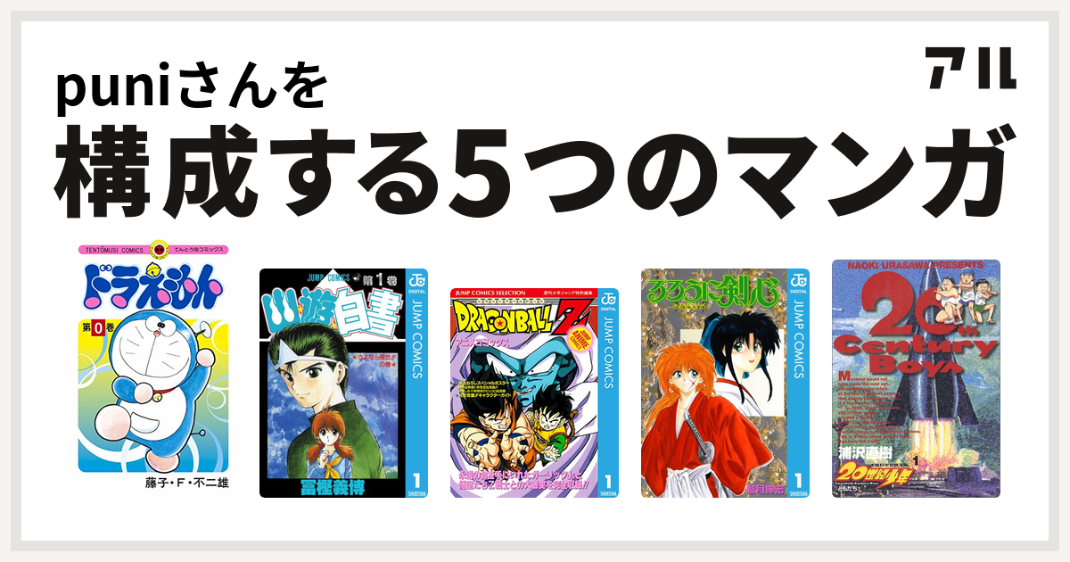 Puniさんを構成するマンガはドラえもん 幽遊白書 ドラゴンボールz アニメコミックス るろうに剣心 明治剣客浪漫譚 世紀少年 私を構成する5つのマンガ アル