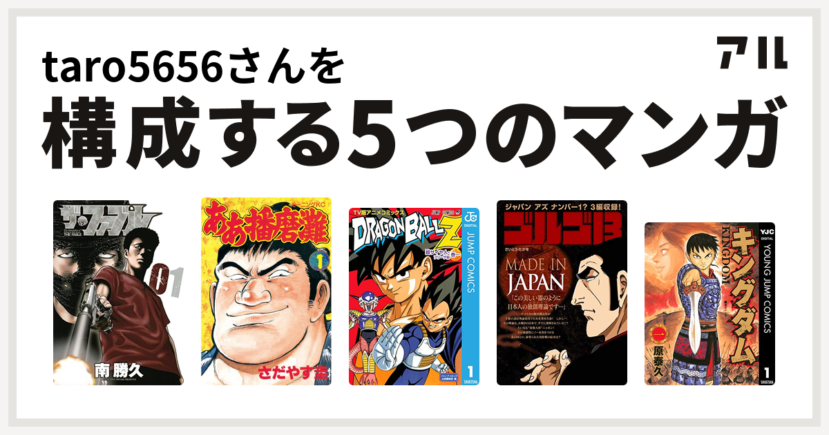 Taro5656さんを構成するマンガはザ ファブル ああ播磨灘 ドラゴンボールz アニメコミックス 超サイヤ人 フリーザ編 ゴルゴ13 Made In Japan キングダム 私を構成する5つのマンガ アル