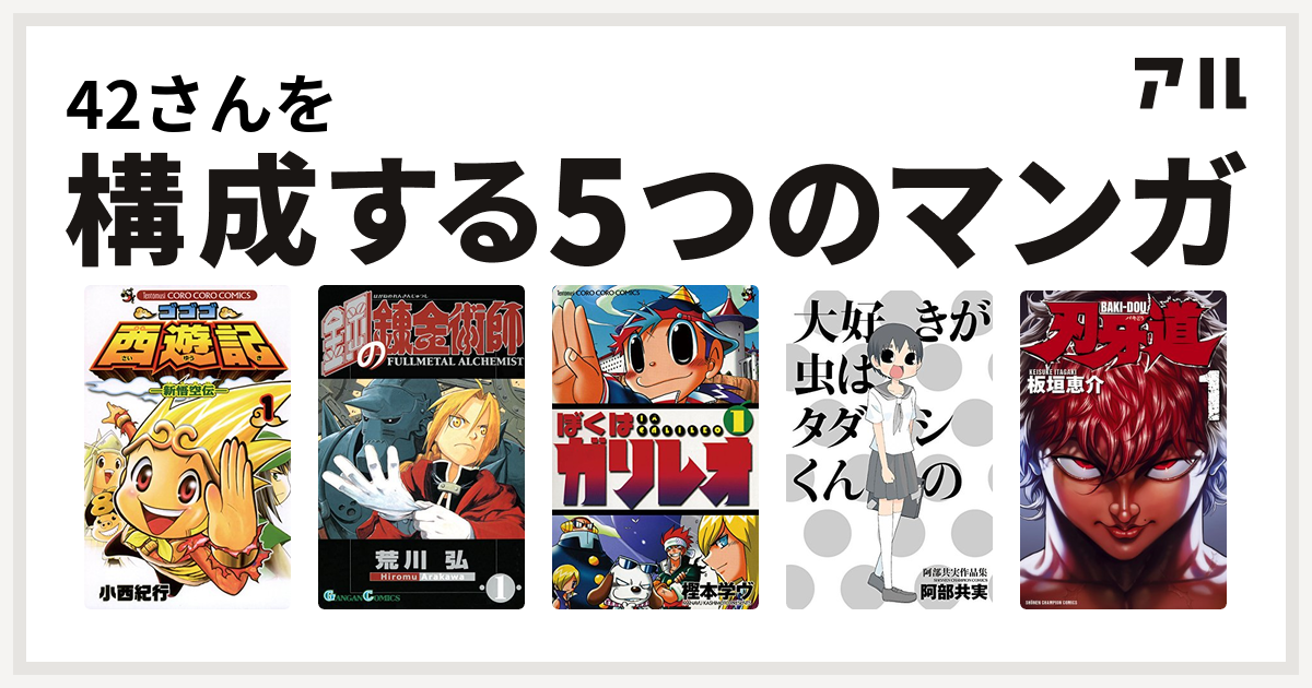 42さんを構成するマンガはゴゴゴ西遊記 新悟空伝 鋼の錬金術師 ぼくはガリレオ 大好きが虫はタダシくんの 阿部共実作品集 刃牙道 私を構成する5つのマンガ アル