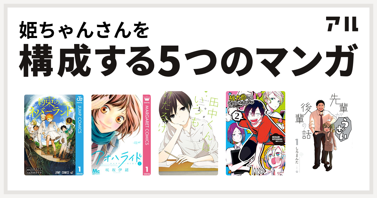 姫ちゃんさんを構成するマンガは約束のネバーランド アオハライド 田中くんはいつもけだるげ 桃太郎くんは言うコトをきかない 先輩がうざい後輩の話 私を構成する5つのマンガ アル