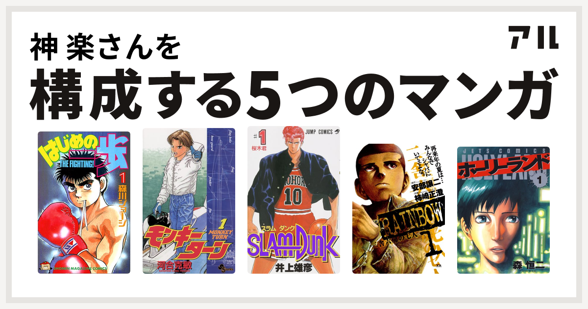 神 楽さんを構成するマンガははじめの一歩 モンキーターン Slam Dunk スラムダンク Rainbow 二舎六房の七人 ホーリーランド 私を構成する5つのマンガ アル