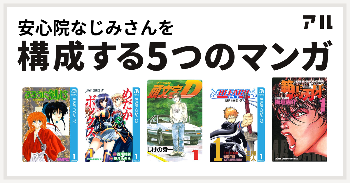 安心院なじみさんを構成するマンガはるろうに剣心 明治剣客浪漫譚 めだかボックス 頭文字d Bleach 範馬刃牙 私を構成する5つのマンガ アル