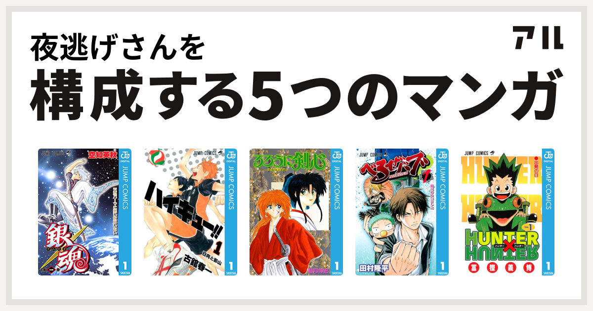 夜逃げさんを構成するマンガは銀魂 ハイキュー るろうに剣心 明治剣客浪漫譚 べるぜバブ Hunter Hunter 私を構成する5つのマンガ アル