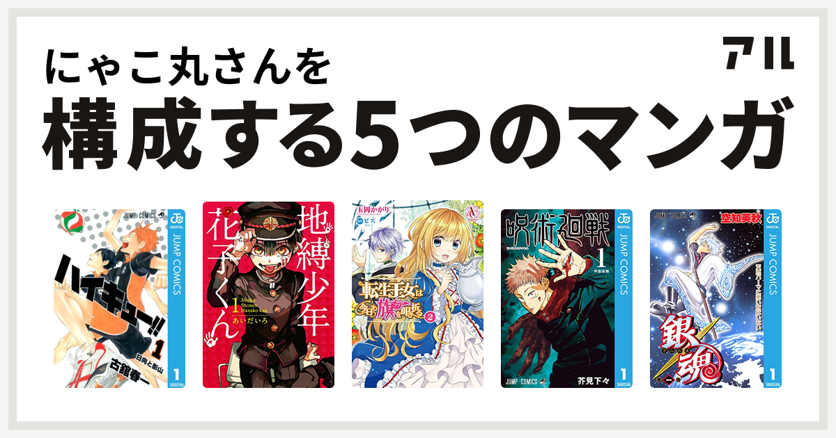 にゃこ丸さんを構成するマンガはハイキュー 地縛少年 花子くん 転生王女は今日も旗を叩き折る 呪術廻戦 銀魂 私を構成する5つのマンガ アル