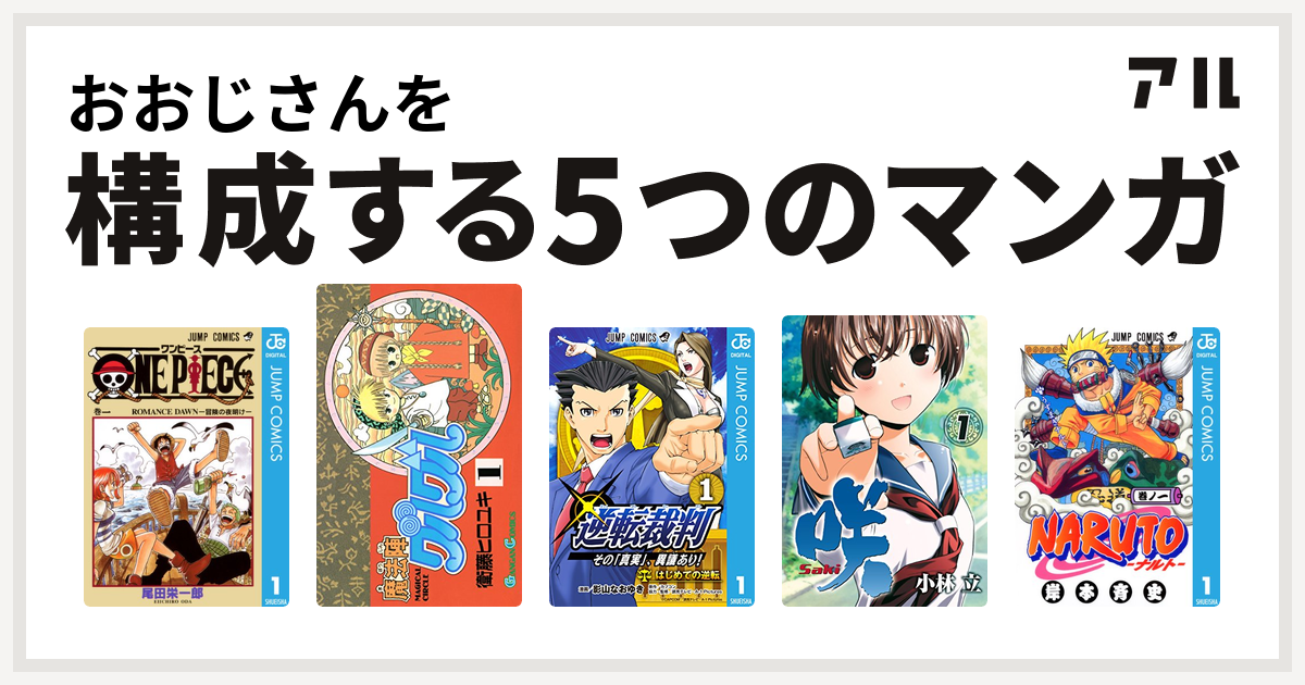 おおじさんを構成するマンガはone Piece 魔法陣グルグル 逆転裁判 その 真実 異議あり 咲 Saki Naruto ナルト 私を構成する5つのマンガ アル