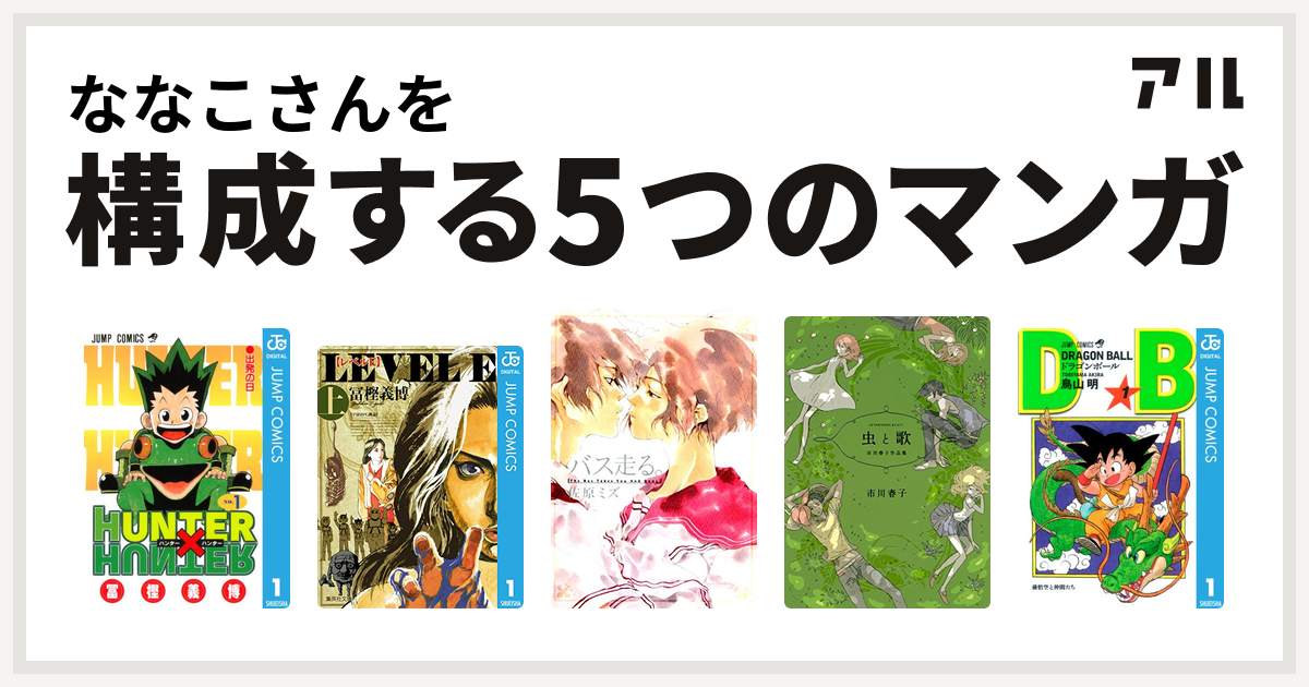 ななこさんを構成するマンガはHUNTER×HUNTER レベルE バス走る。 虫と歌 市川春子作品集 ドラゴンボール - 私を構成する5つのマンガ |  アル