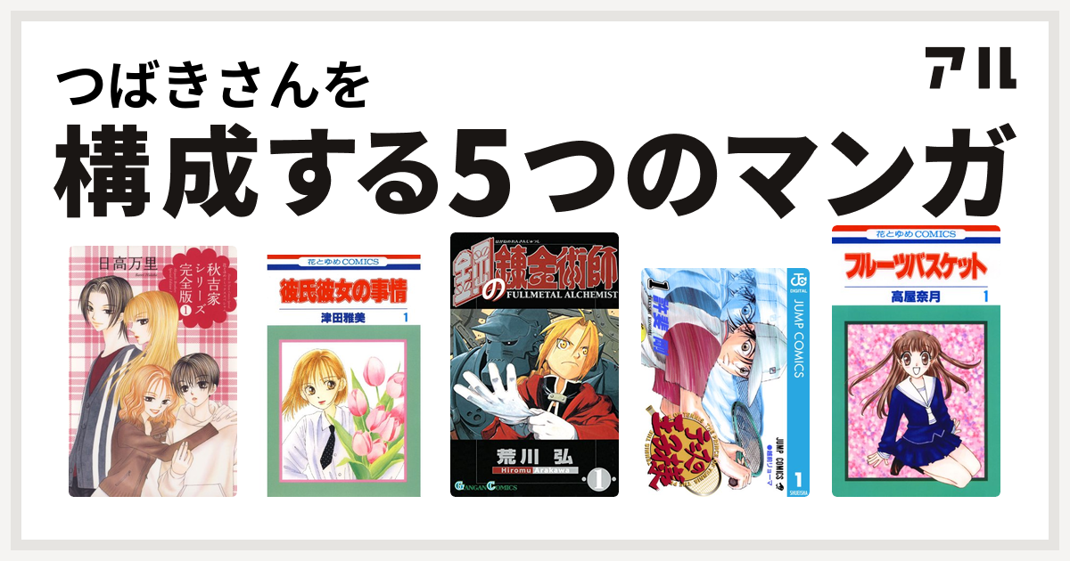 つばきさんを構成するマンガは秋吉家シリーズ 彼氏彼女の事情 鋼の錬金術師 テニスの王子様 フルーツバスケット 私を構成する5つのマンガ アル