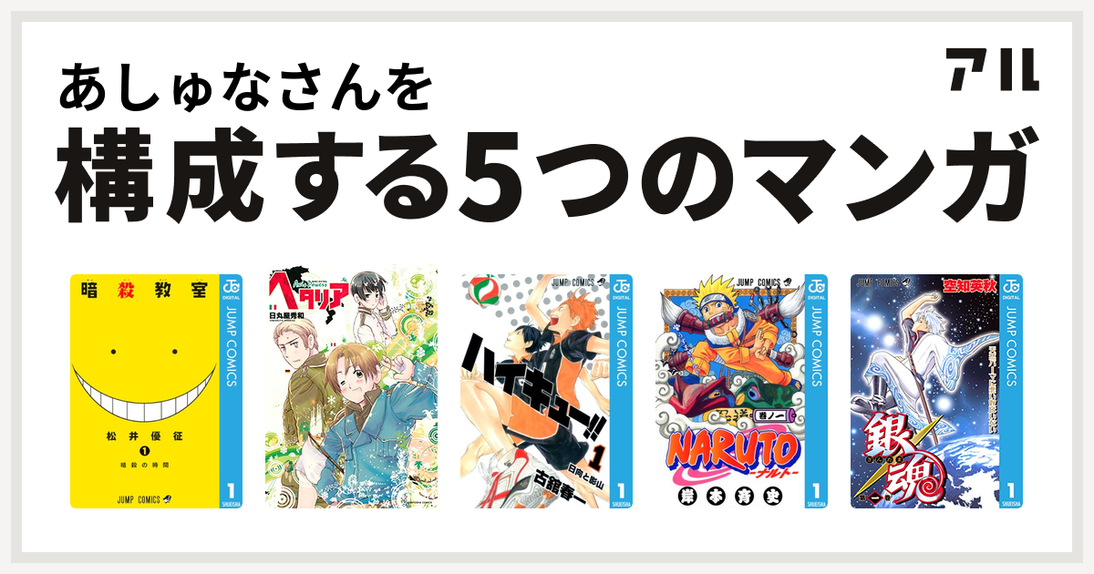 あしゅなさんを構成するマンガは暗殺教室 ヘタリア Axis Powers ハイキュー Naruto ナルト 銀魂 私を構成する5つのマンガ アル