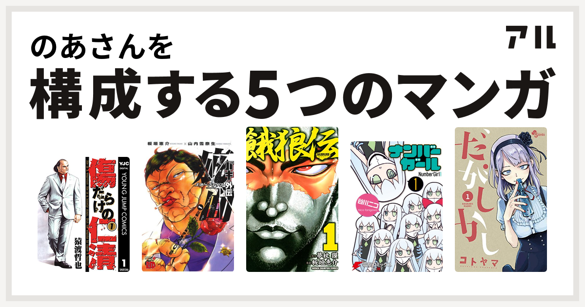 のあさんを構成するマンガは傷だらけの仁清 バキ外伝 疵面 スカーフェイス 餓狼伝 ナンバーガール だがしかし 私を構成する5つのマンガ アル