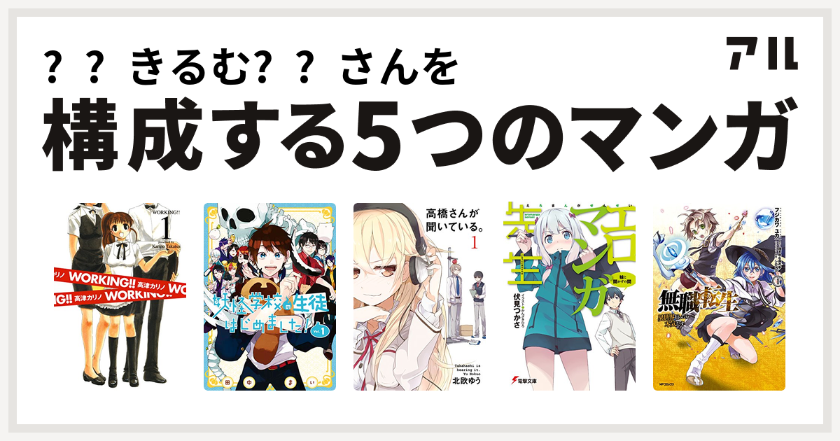 きるむ さんを構成するマンガはworking 妖怪学校の生徒はじめました 高橋さんが聞いている エロマンガ先生 無職転生 異世界行ったら本気だす 私を構成する5つのマンガ アル