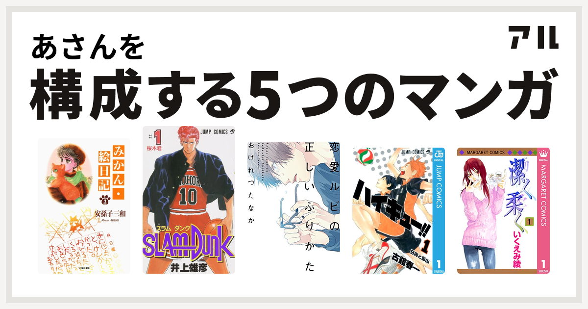 あさんを構成するマンガはみかん 絵日記 Slam Dunk スラムダンク 恋愛ルビの正しいふりかた はだける怪物 ハイキュー 潔く柔く 私を構成する5つのマンガ アル