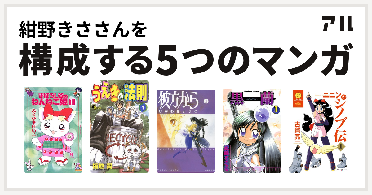 紺野きささんを構成するマンガはまぼろし谷のねんねこ姫 うえきの法則 彼方から 黒蘭 ニニンがシノブ伝 私を構成する5つのマンガ アル