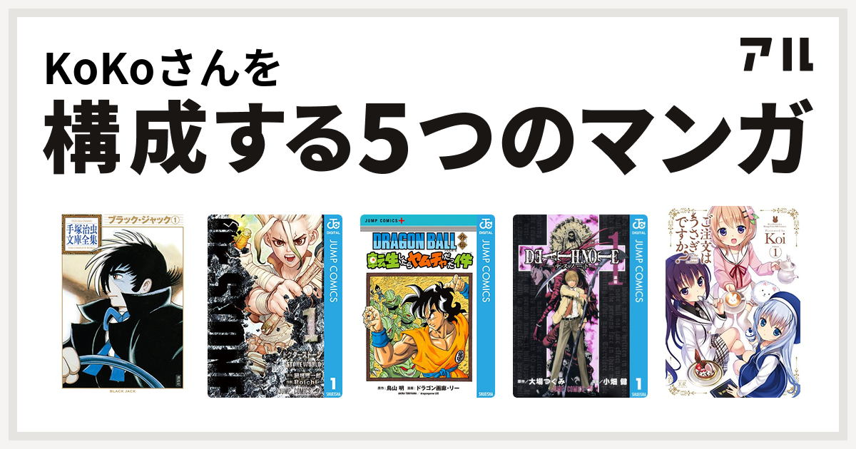 Kokoさんを構成するマンガはブラック ジャック Dr Stone Dragon Ball外伝 転生したらヤムチャだった件 Death Note ご注文はうさぎですか 私を構成する5つのマンガ アル