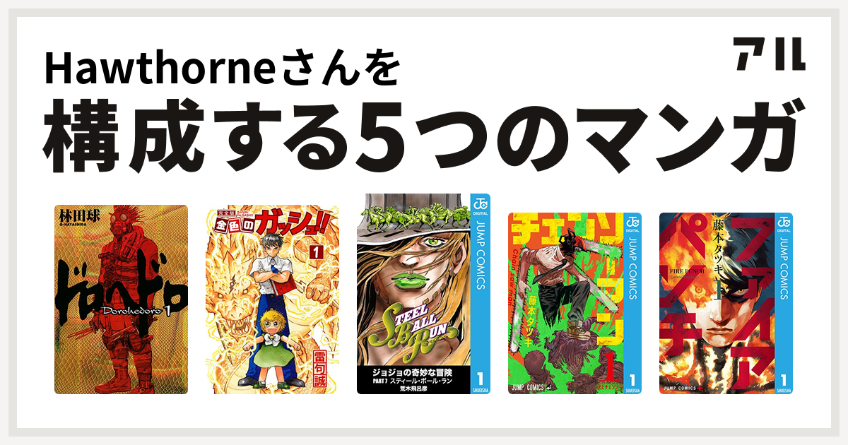 Hawthorneさんを構成するマンガはドロヘドロ 金色のガッシュ ジョジョの奇妙な冒険 第7部 チェンソーマン ファイアパンチ 私を構成する5つのマンガ アル