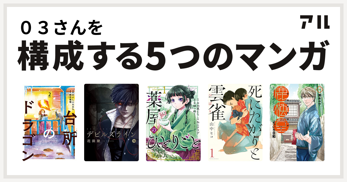 ０３さんを構成するマンガは台所のドラゴン デビルズライン 薬屋のひとりごと 死にたがりと雲雀 鹿楓堂よついろ日和 私を構成する5つのマンガ アル