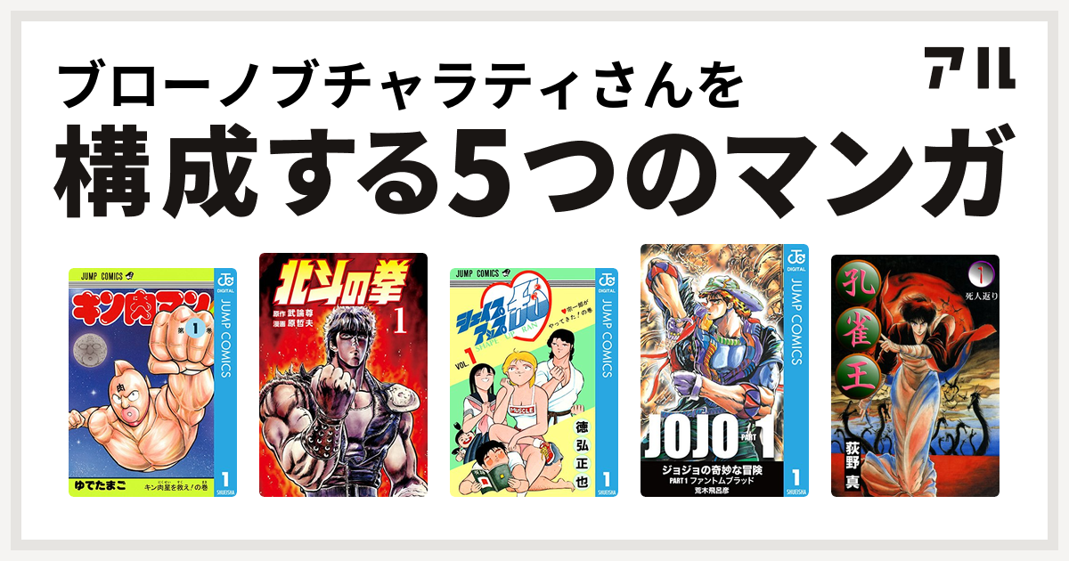 ブローノブチャラティさんを構成するマンガはキン肉マン 北斗の拳 シェイプアップ乱 ジョジョの奇妙な冒険 孔雀王 私を構成する5つのマンガ アル