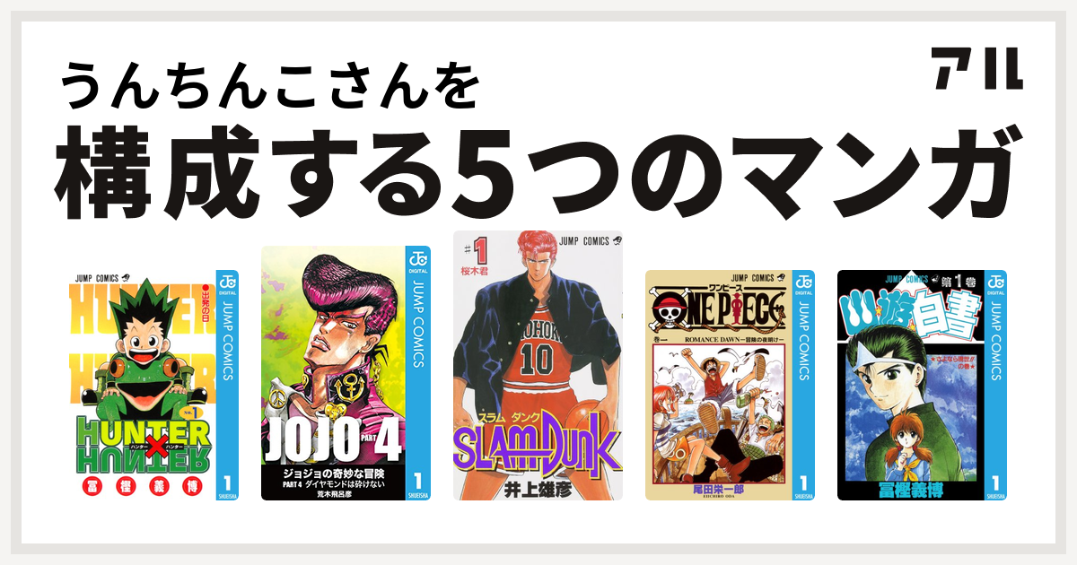 うんちんこさんを構成するマンガはHUNTER×HUNTER ジョジョの奇妙