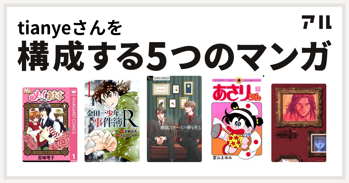 Tianyeさんを構成するマンガはメイちゃんの執事 金田一少年の事件簿r 窮鼠はチーズの夢を見る あさりちゃん Monster 私を構成する5つのマンガ アル