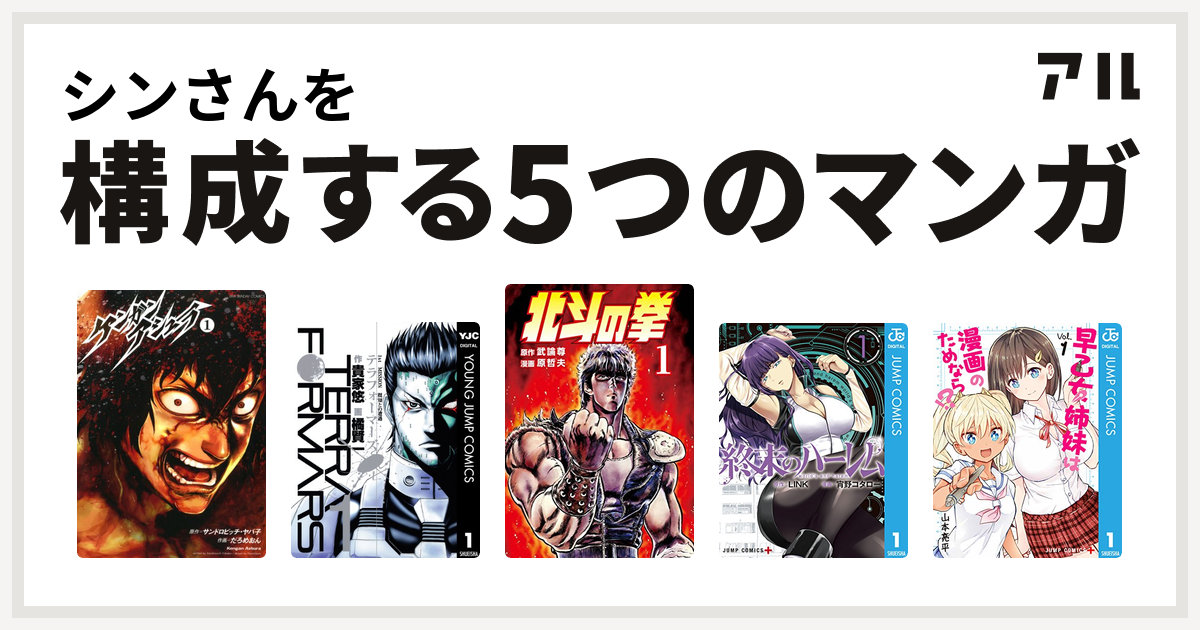 シンさんを構成するマンガはケンガンアシュラ テラフォーマーズ 北斗の拳 終末のハーレム 早乙女姉妹は漫画のためなら 私を構成する5つのマンガ アル