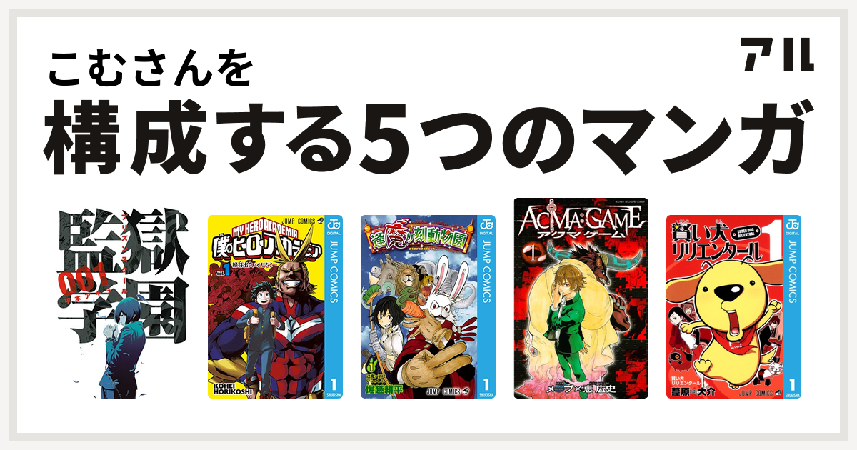 こむさんを構成するマンガは監獄学園 僕のヒーローアカデミア 逢魔ヶ刻動物園 ACMA：GAME 賢い犬リリエンタール - 私を構成する5つのマンガ |  アル