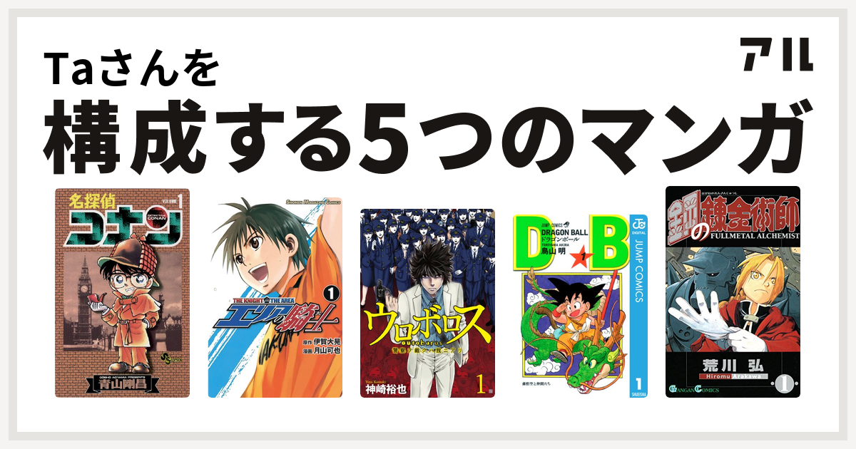 Taさんを構成するマンガは名探偵コナン エリアの騎士 ウロボロス 警察ヲ裁クハ我ニアリ ドラゴンボール 鋼の錬金術師 私を構成する5つのマンガ アル