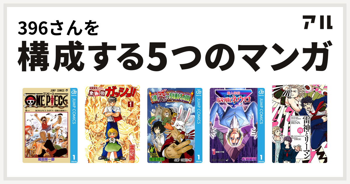 396さんを構成するマンガはone Piece 金色のガッシュ 逢魔ヶ刻動物園 魔人探偵脳噛ネウロ 雷神とリーマン 私を構成する5つのマンガ アル