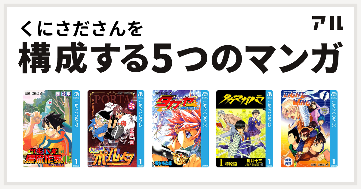 くにさださんを構成するマンガはツギハギ漂流作家 大泥棒ポルタ タカヤ 夜明けの炎刃王 タカマガハラ Light Wing ライトウイング 私を構成する5つのマンガ アル