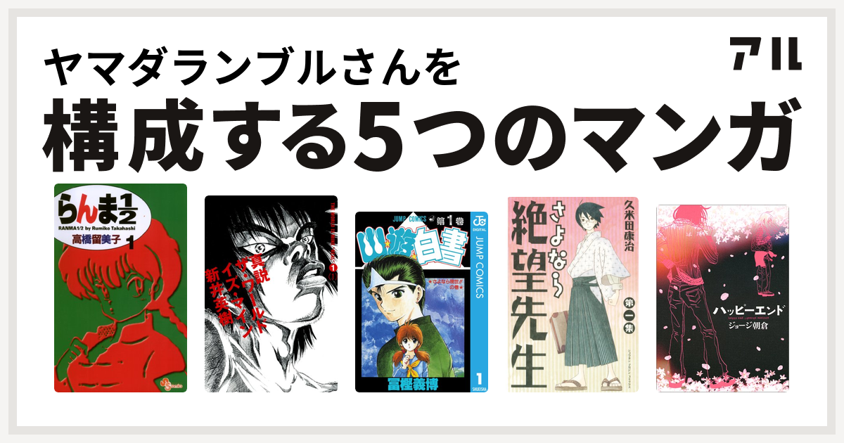 ヤマダランブルさんを構成するマンガはらんま1 2 真説 ザ ワールド イズ マイン 幽遊白書 さよなら絶望先生 ハッピーエンド 私を構成する5つのマンガ アル