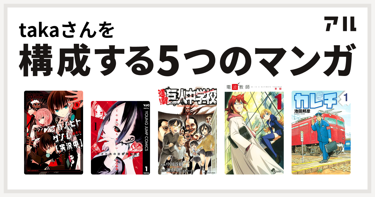 Takaさんを構成するマンガはナカノヒトゲノム 実況中 かぐや様は告らせたい 天才たちの恋愛頭脳戦 進撃 巨人中学校 電波教師 カレチ 私を構成する5つのマンガ アル