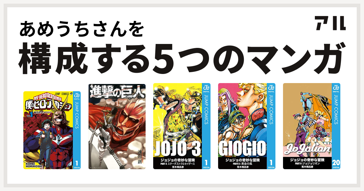 あめうちさんを構成するマンガは僕のヒーローアカデミア 進撃の巨人 ジョジョの奇妙な冒険 第3部 ジョジョの奇妙な冒険 第5部 ジョジョの奇妙な冒険 第8部 私を構成する5つのマンガ アル