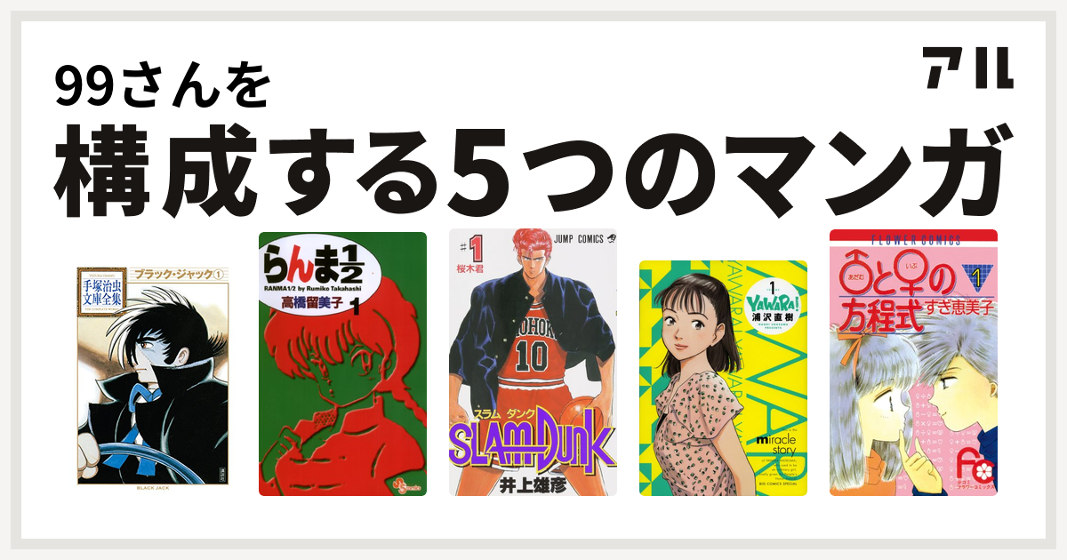 99さんを構成するマンガはブラック ジャック らんま1 2 Slam Dunk スラムダンク Yawara アダム と イブ の方程式 私を構成する5つのマンガ アル